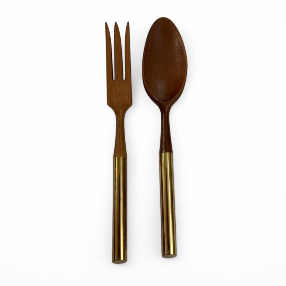 Vintage MCM Nasco Japanese Brown Gold Salad fork & spoon set | Wood + Metallic